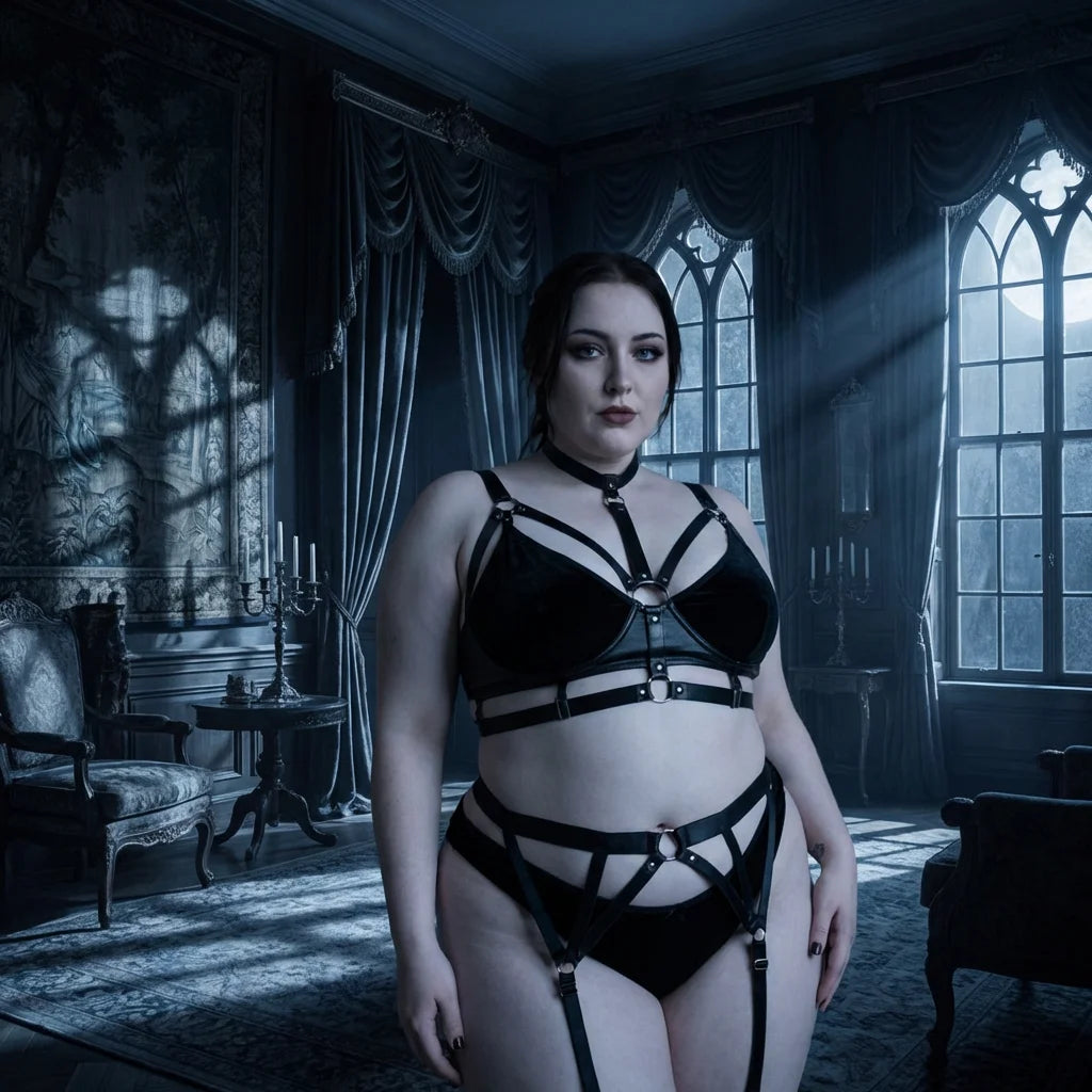 Shadow Harness - Gothic Strappy Leather & Lace Lingerie Set
