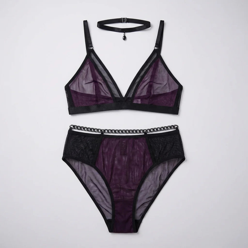 Nightshade Rave - Gothic Mesh & Chain Lingerie Set - World Cup 2026 Sexy Fan Gear - Midnight Elegance Edition - View 1